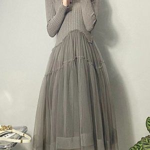 Beautiful Grey Asymmetrical Tulle Patchwork Long Dresses Fall
